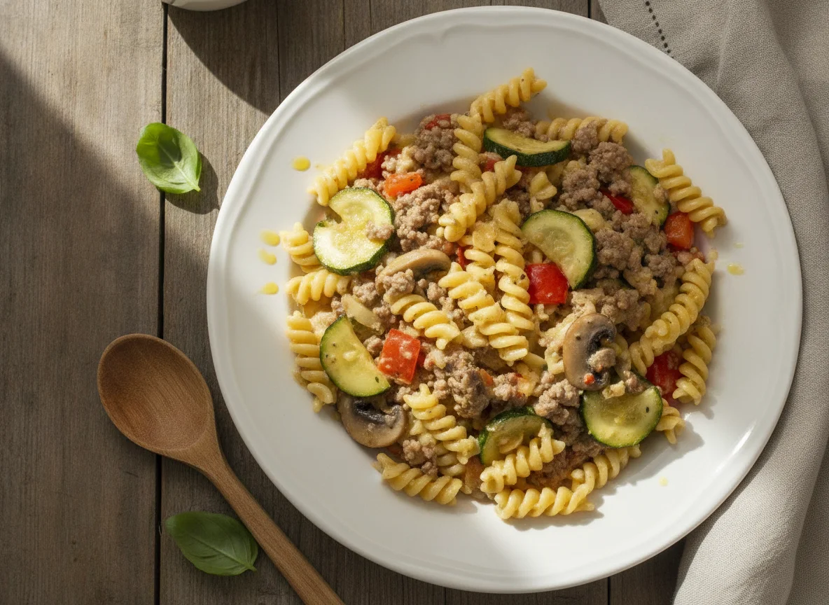 Pasta-Pfanne mit Hackfleisch und Gemüse photo