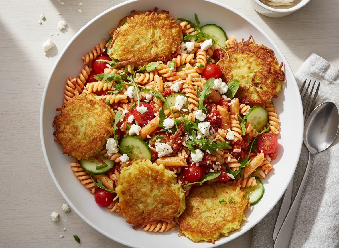 Pasta-Salat mit Feta und Kartoffelpuffern photo