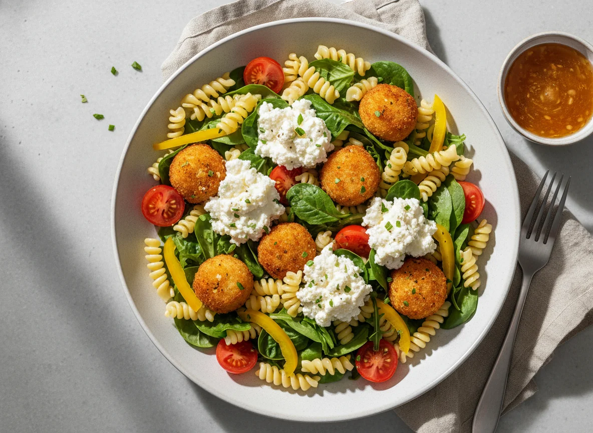 Pasta-Salat mit Kroketten und Hüttenkäse photo