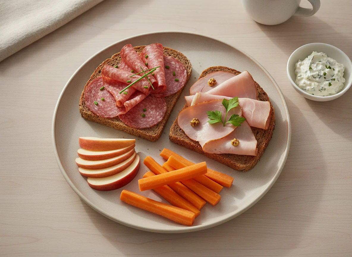 Pausenbrot mit Apfel und Karotten photo