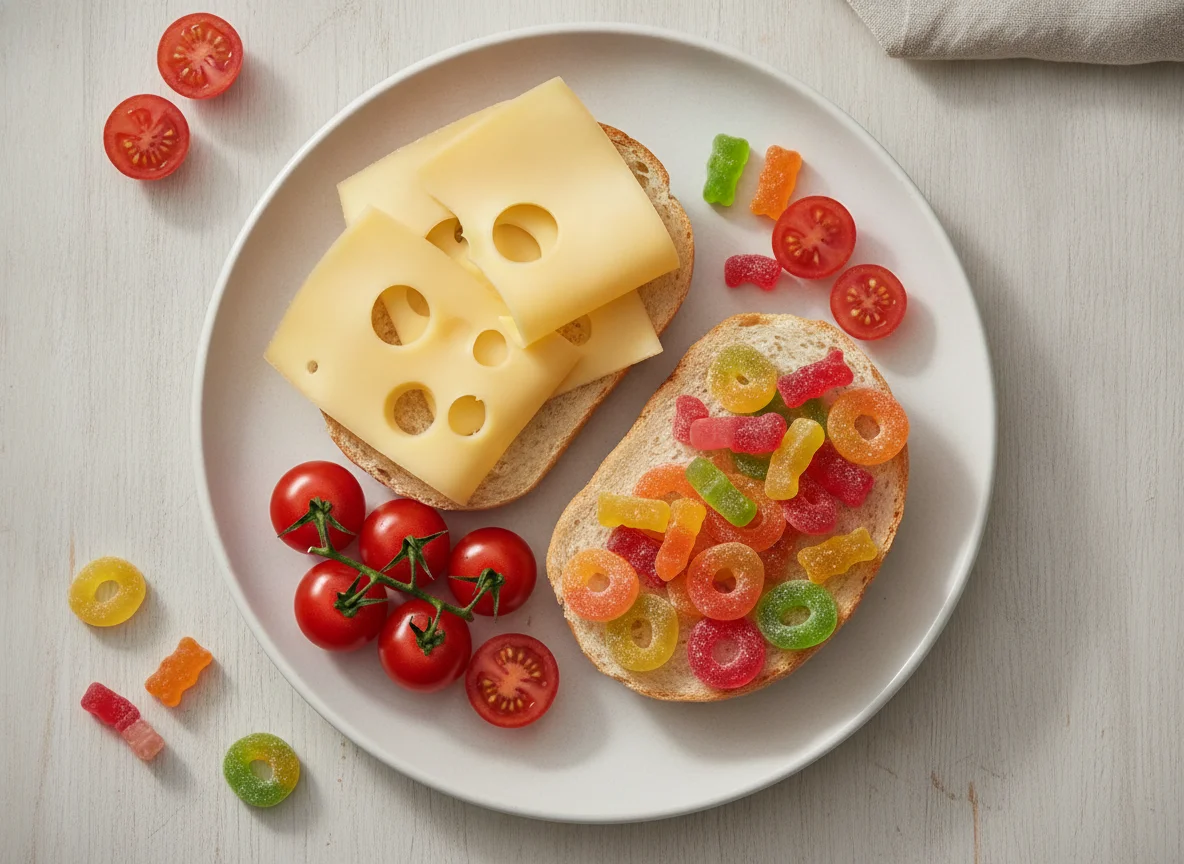 Pausenbrot mit Käse, Tomaten und Fruchtgummi photo