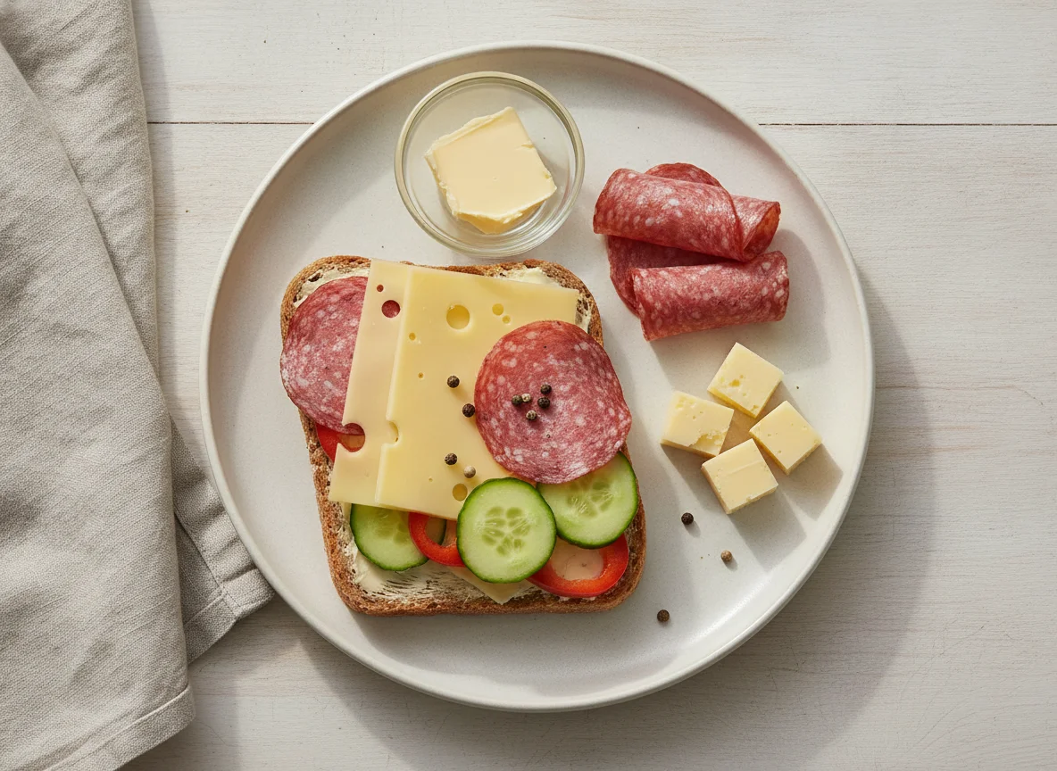 Pausenbrot mit Salami, Käse und Gemüse photo