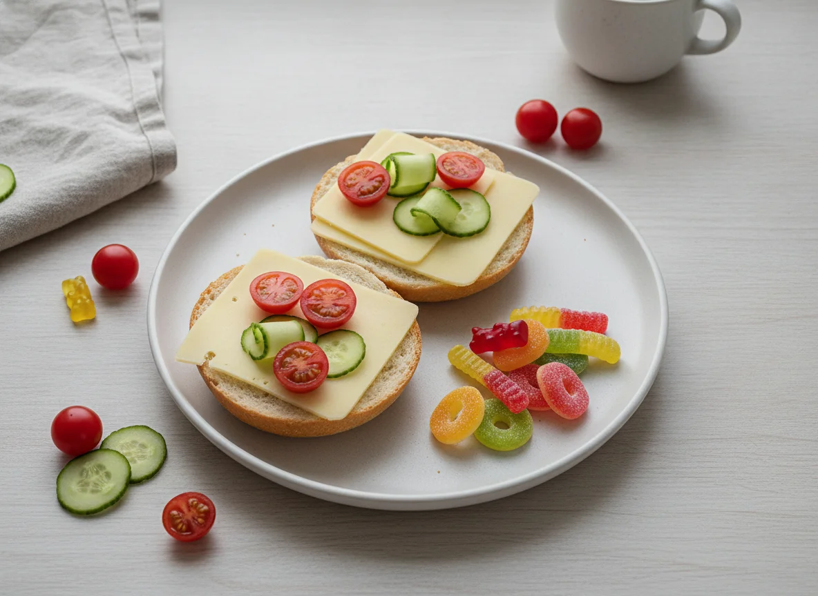 Pausenbrot mit Tomaten und Fruchtgummi photo