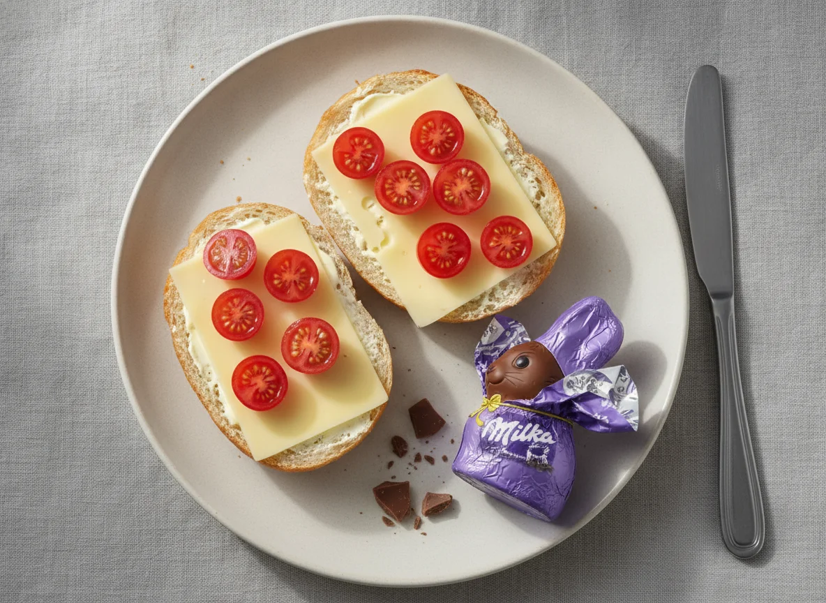 Pausenbrot mit Tomaten und Schokolade photo