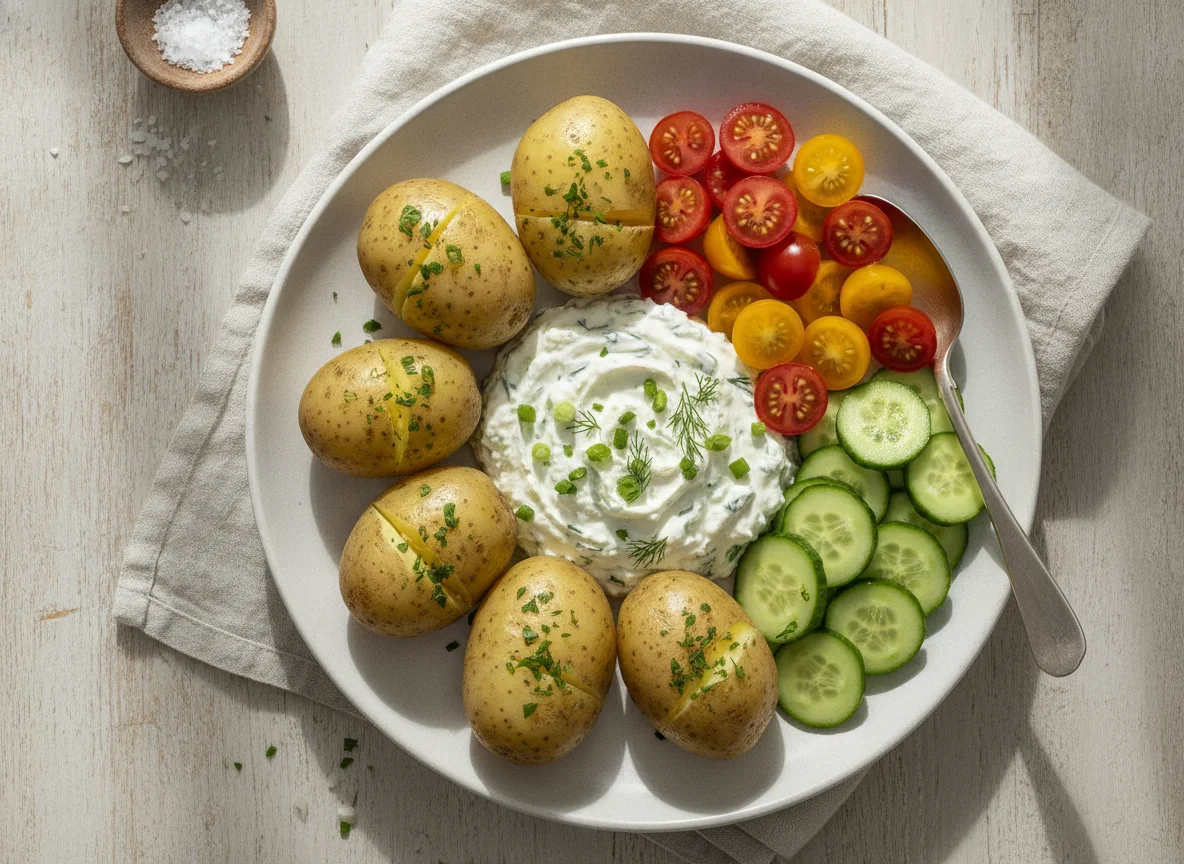Pellkartoffeln mit Kräuterquark und Gemüse photo