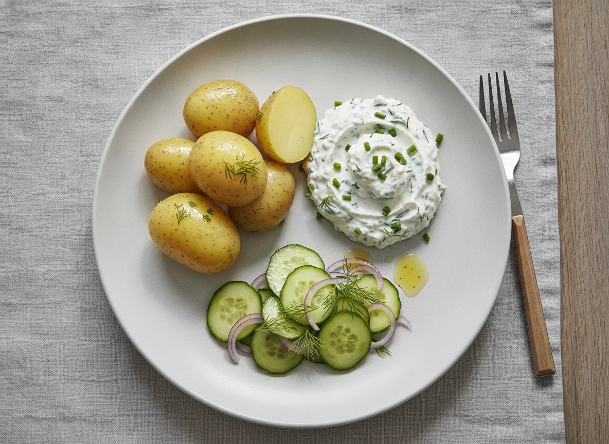 Pellkartoffeln mit Kräuterquark und Gurkensalat photo