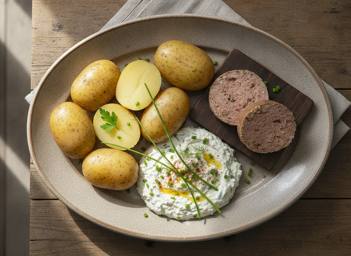 Pellkartoffeln mit Kräuterquark und Leberwurst photo