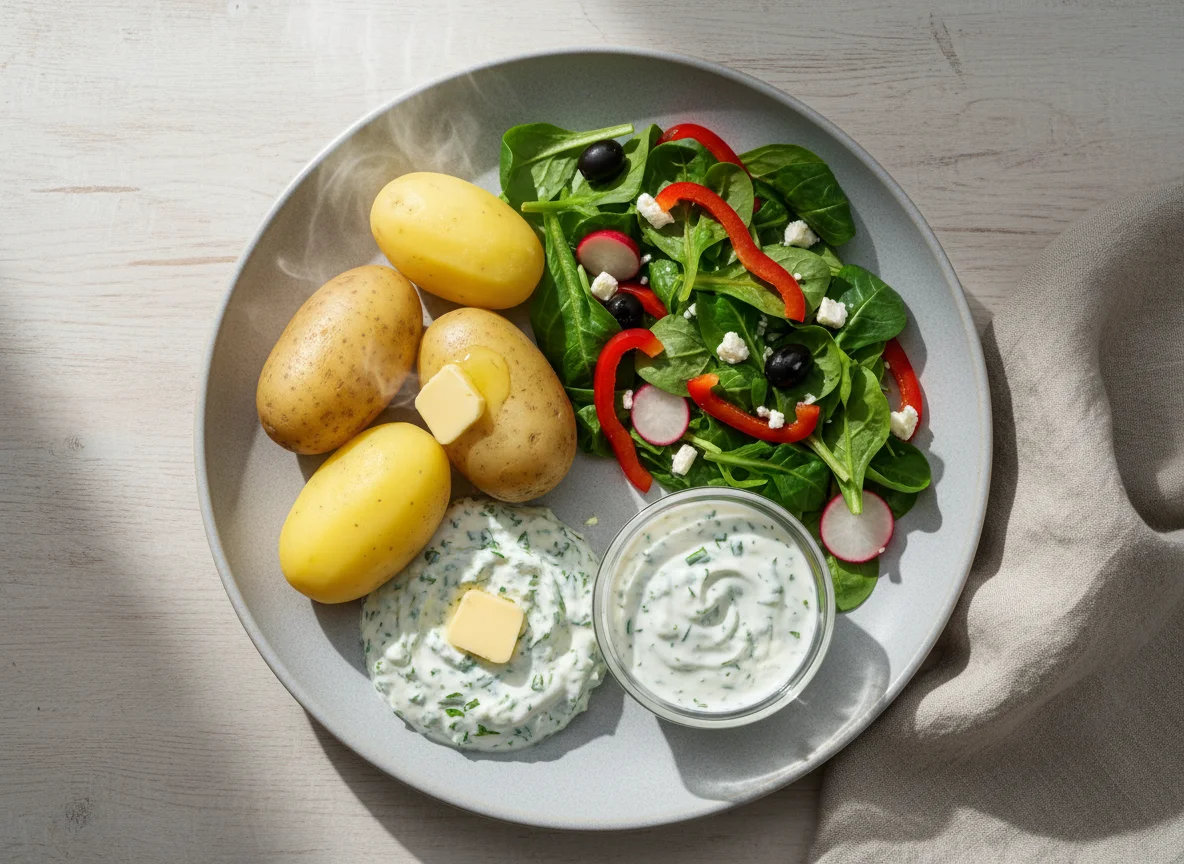 Pellkartoffeln mit Kräuterquark und Salat photo
