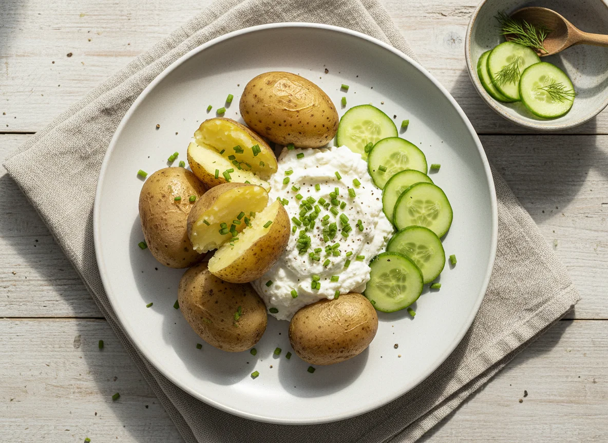 Pellkartoffeln mit Quark und Gurke photo