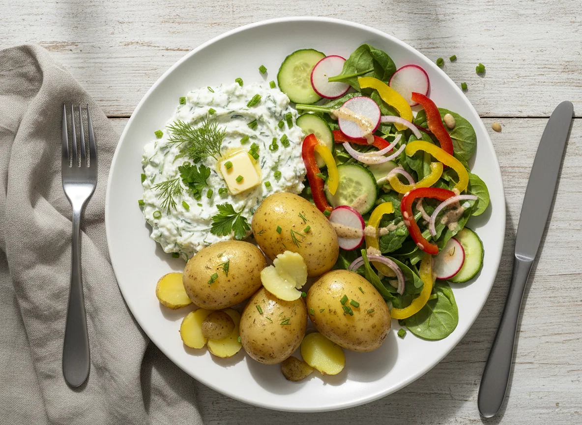 Pellkartoffeln mit Quark und Salat photo