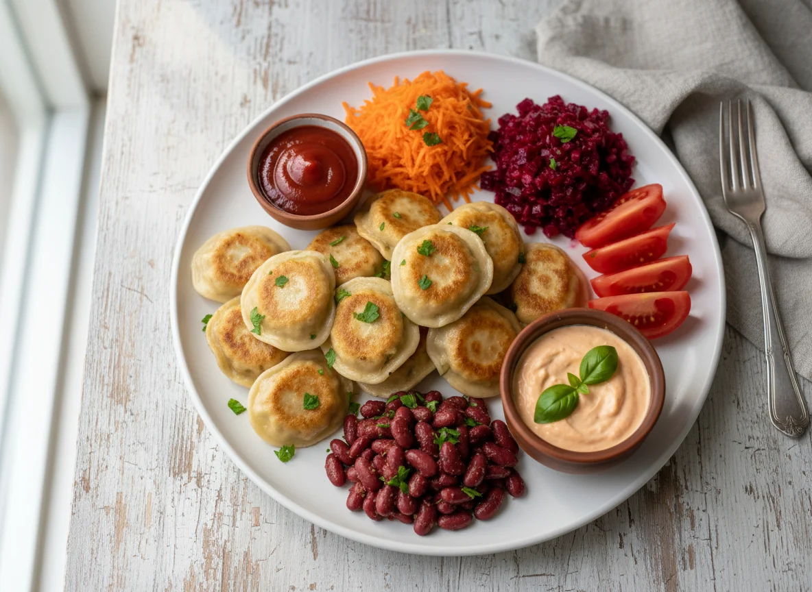 Pelmeni mit Beilagen photo