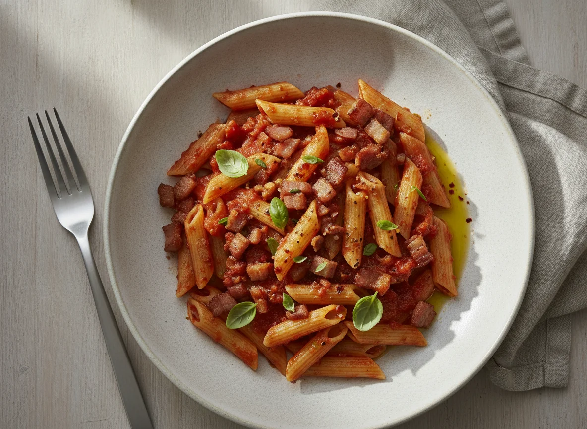 Penne all'Arrabbiata mit Speck photo