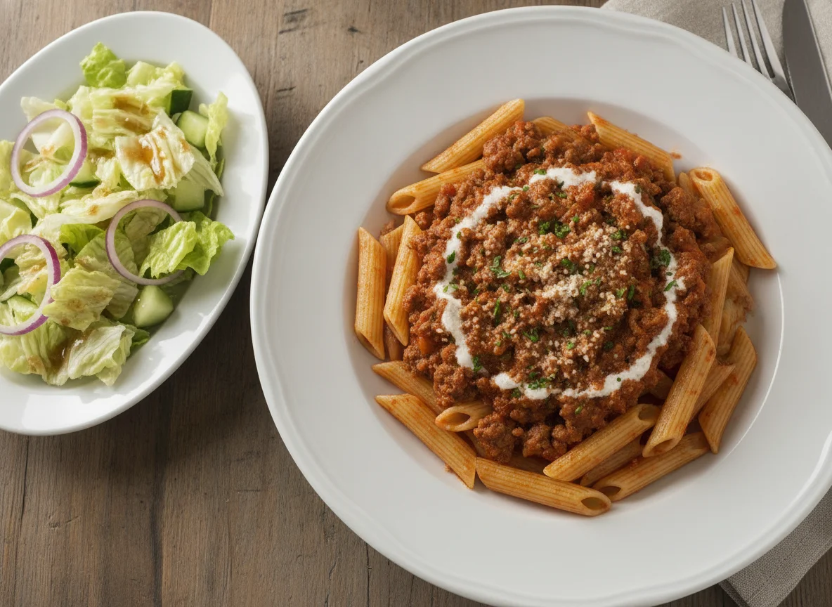 Penne Bolognese mit Beilagensalat photo