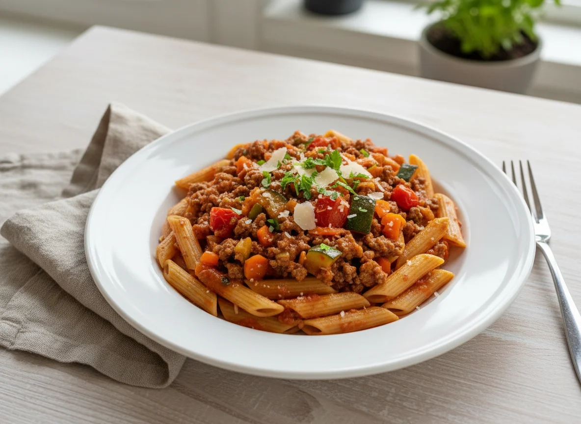 Penne Bolognese mit Gemüse photo