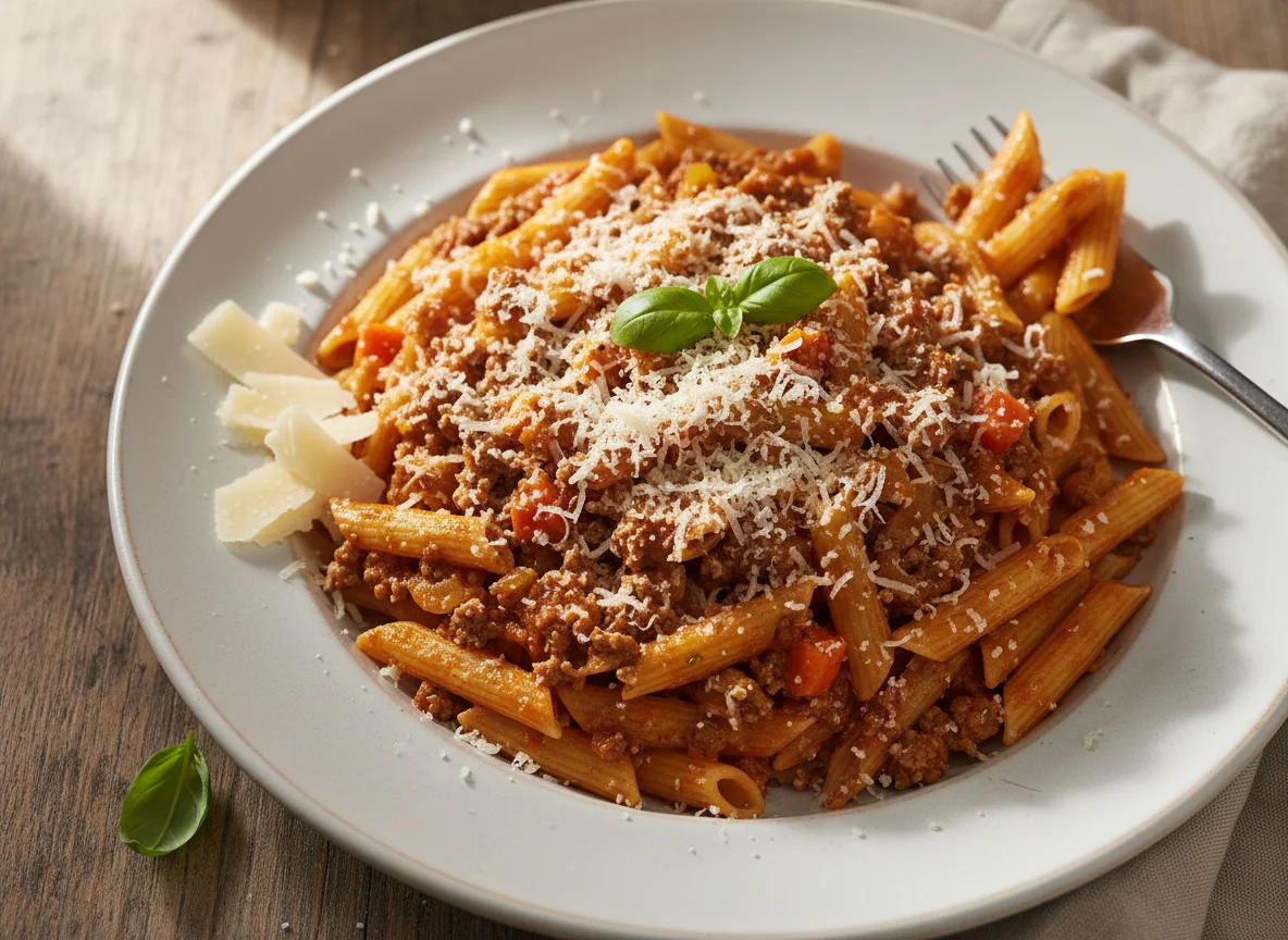 Penne Bolognese mit Parmesan photo