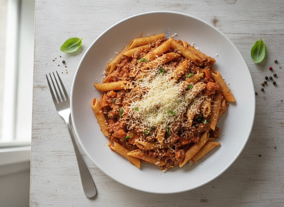 Penne Bolognese mit Reibkäse photo