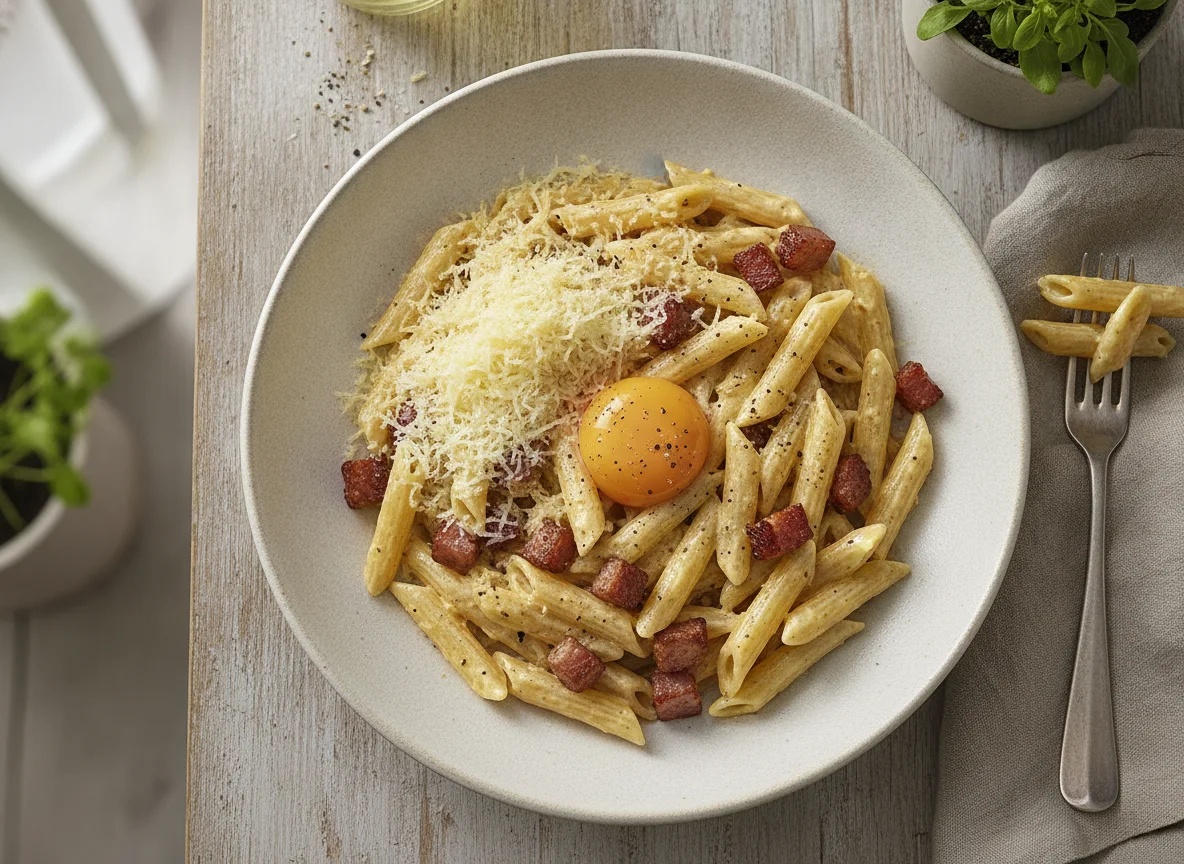 Penne Carbonara mit Speck photo