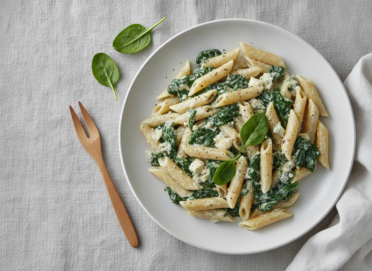 Penne Gorgonzola mit Blattspinat photo