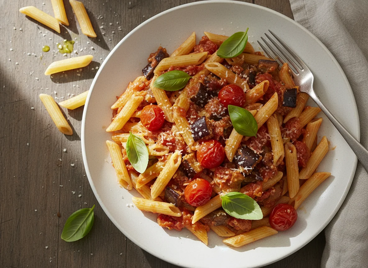 Penne mit Auberginen und Kirschtomaten photo
