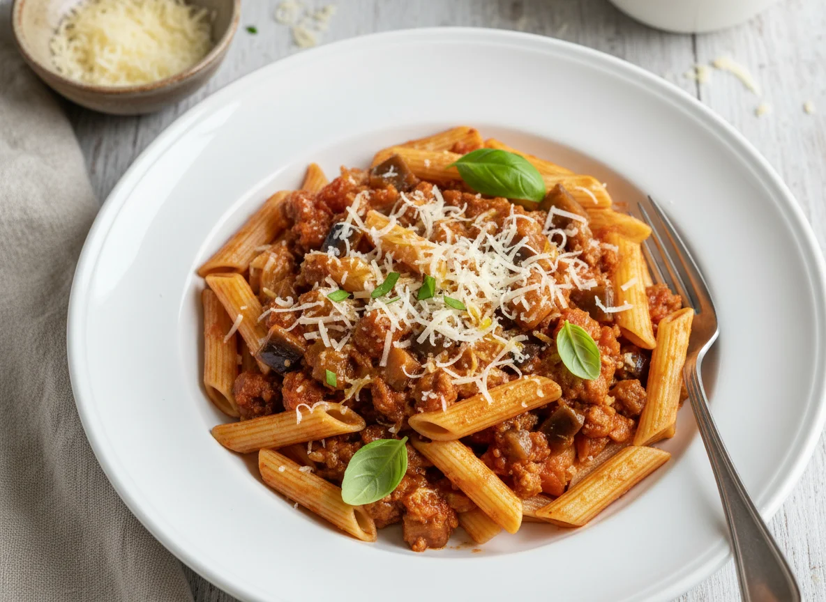 Penne mit Auberginen-Tomaten-Ragout und Wurst photo