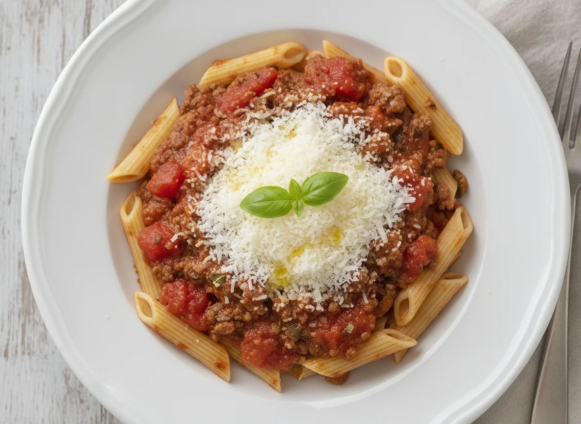 Penne mit Bolognese und Parmesan photo