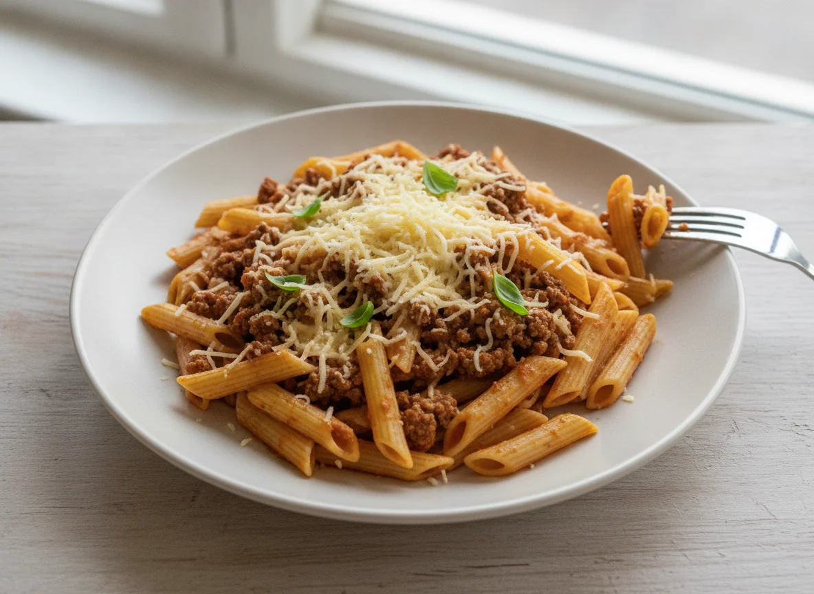 Penne mit Bolognese-Sauce und Käse photo