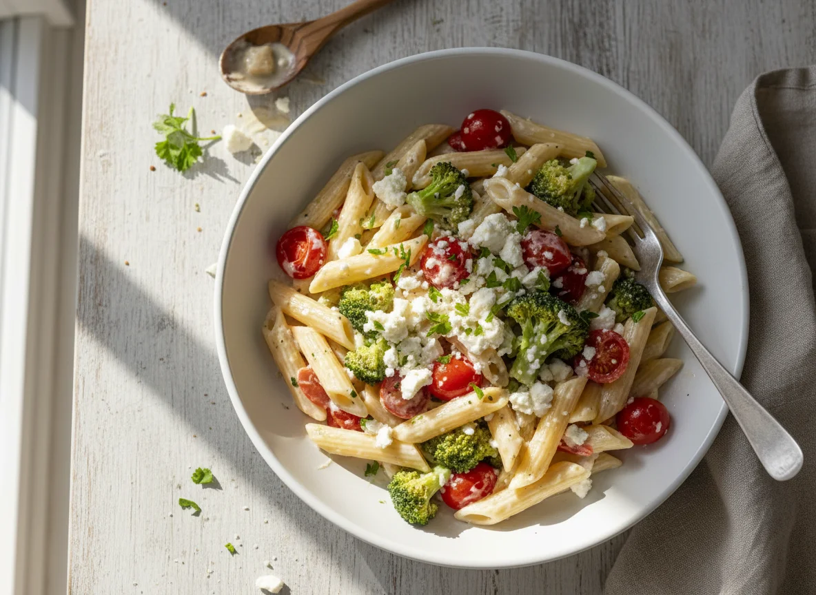 Penne mit Brokkoli, Tomaten und Feta photo