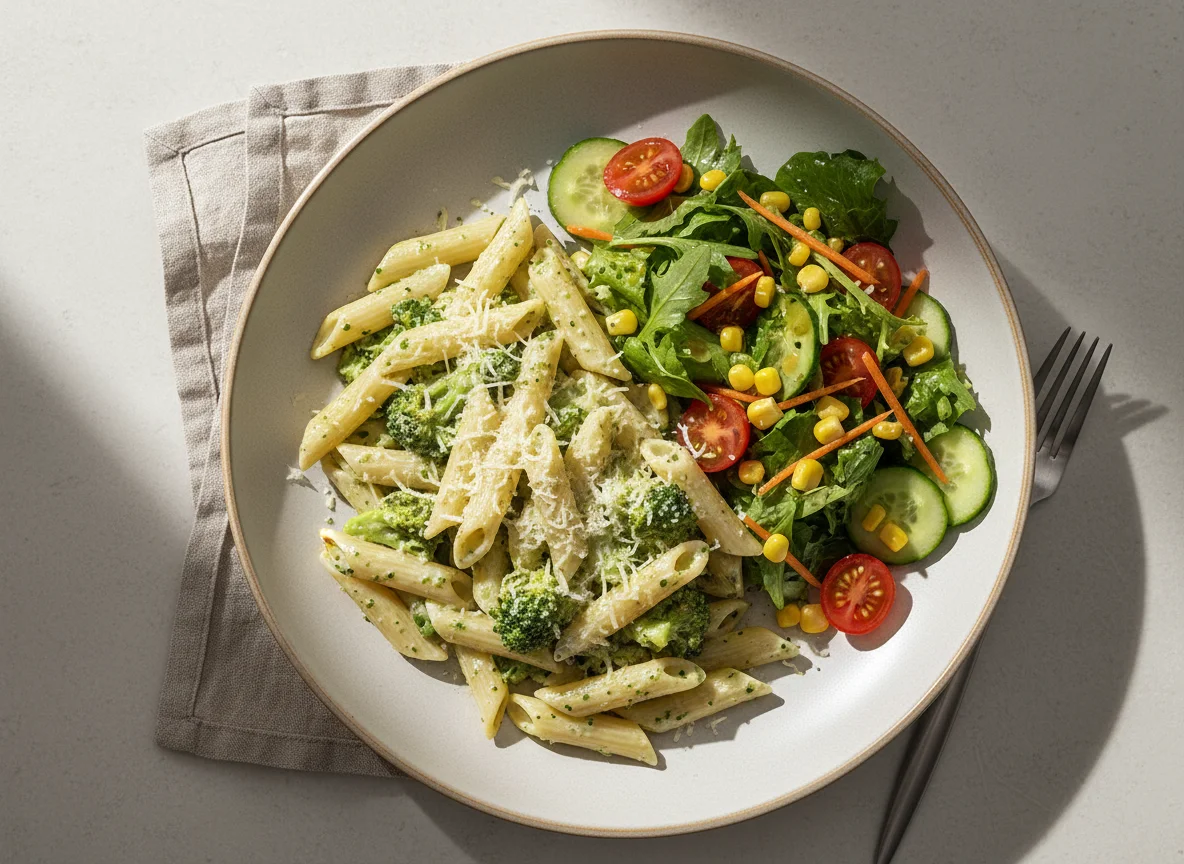 Penne mit Brokkoli-Rahmsauce und gemischtem Salat photo