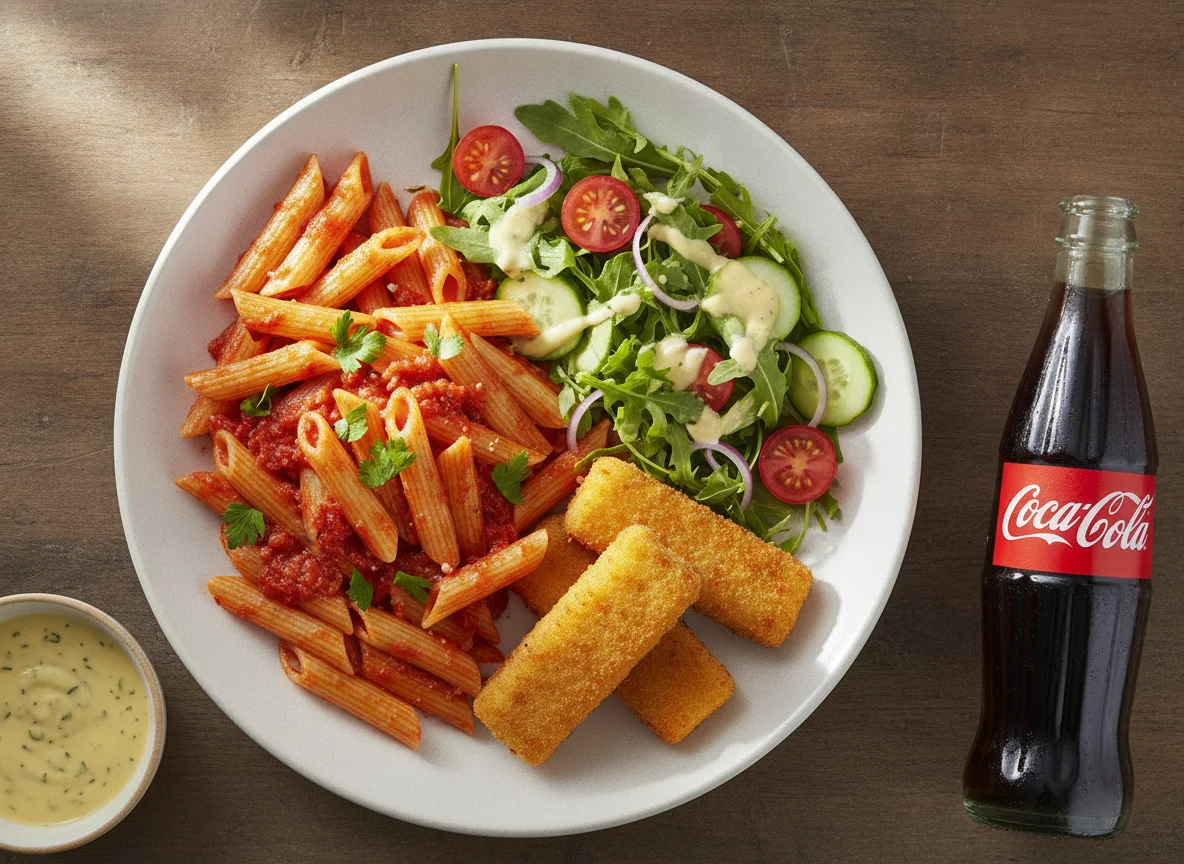Penne mit Fischstäbchen und Salat photo
