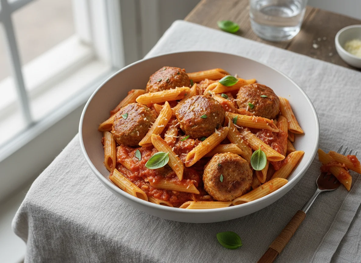 Penne mit Fleischbällchen in Tomatensauce photo