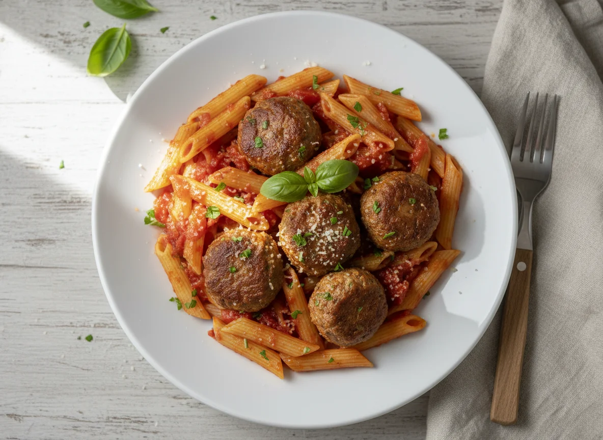 Penne mit Fleischbällchen und Tomatensauce photo