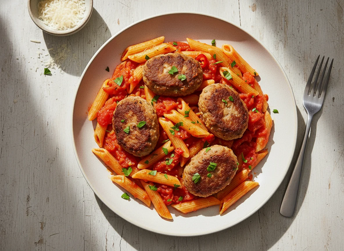 Penne mit Frikadellen und Tomatensauce photo