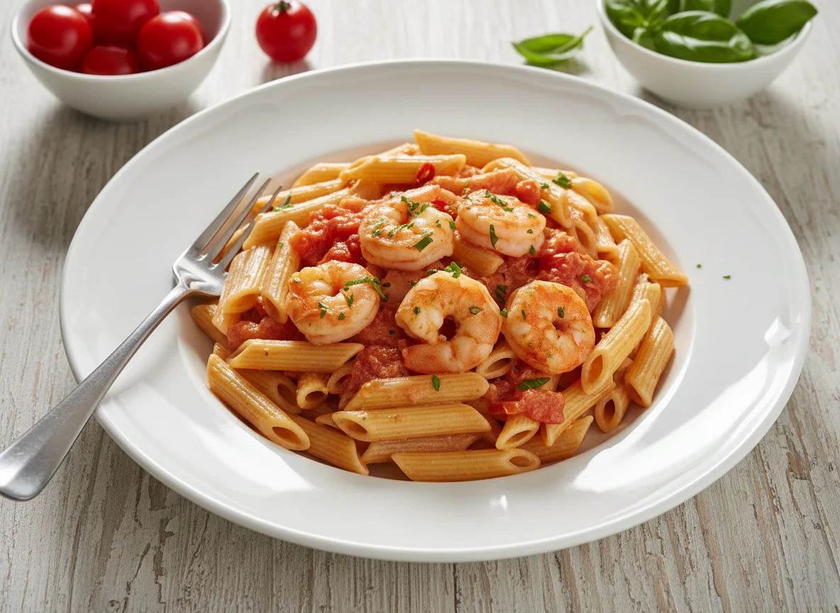 Penne mit Garnelen in Sahnesauce photo