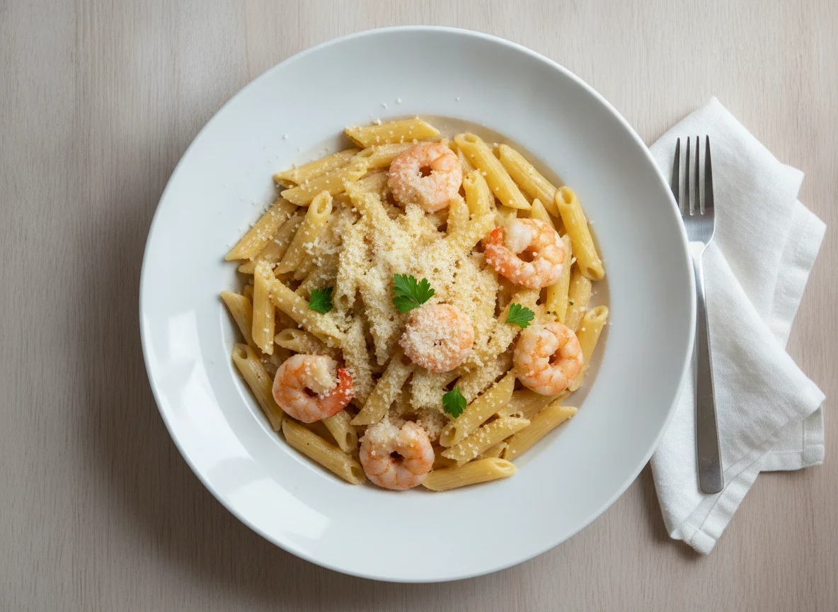 Penne mit Garnelen in Sahnesoße photo