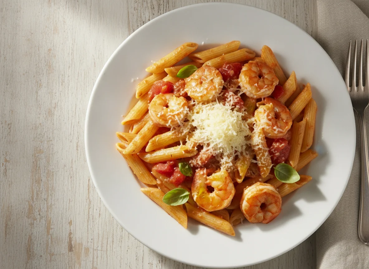 Penne mit Garnelen in Tomaten-Sahnesauce photo