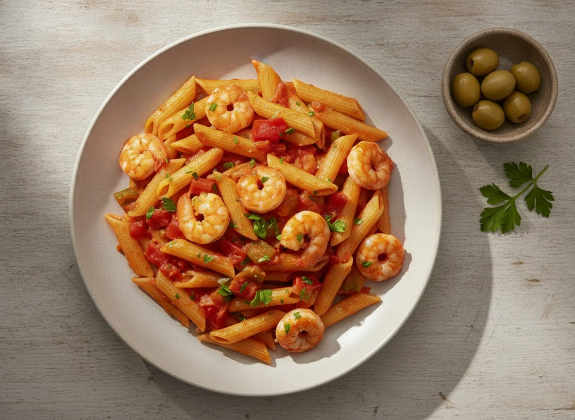 Penne mit Garnelen in Tomatensauce photo