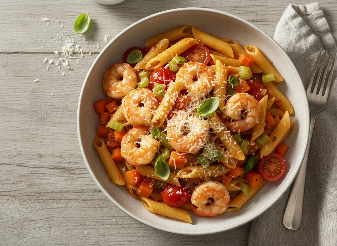 Penne mit Garnelen und Gemüse photo