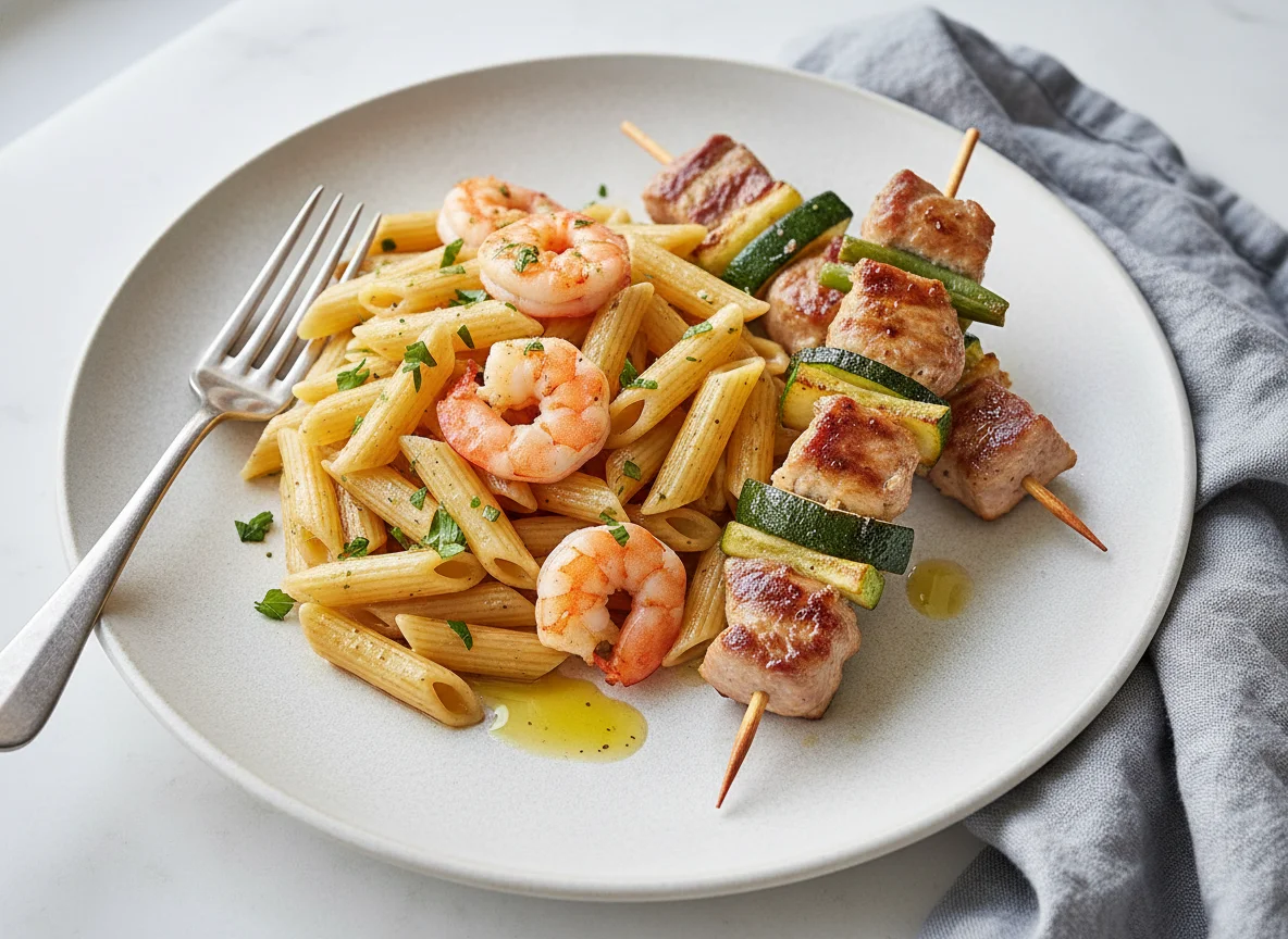 Penne mit Garnelen und Gemüsespieß photo