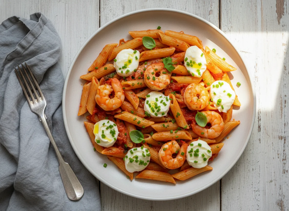 Penne mit Garnelen und Mozzarella photo