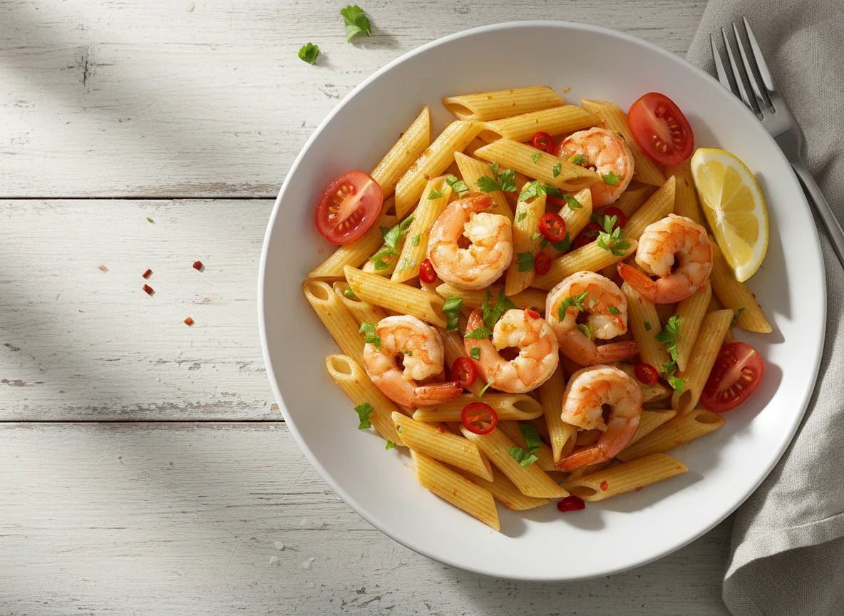 Penne mit Garnelen und Sauce photo