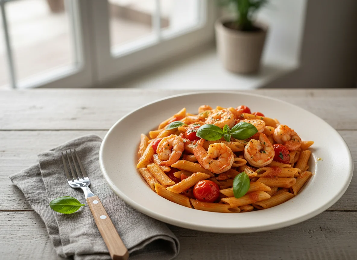 Penne mit Garnelen und Tomatensauce photo
