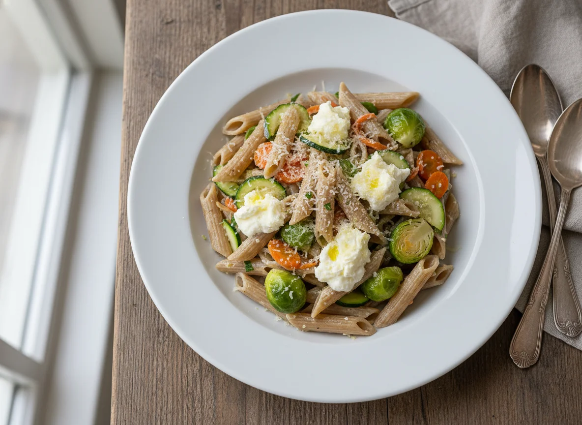 Penne mit Gemüse und Frischkäse photo