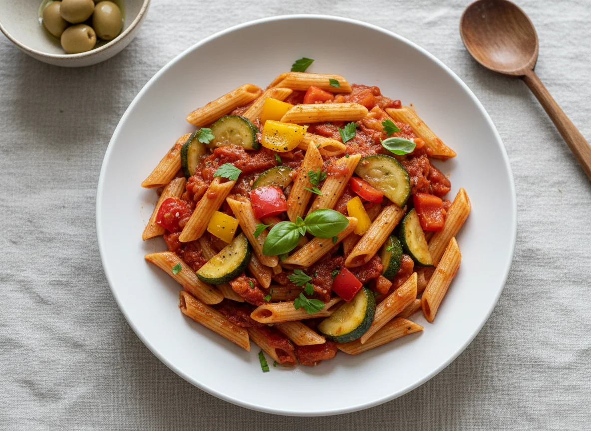 Penne mit Gemüse und Tomatensauce photo