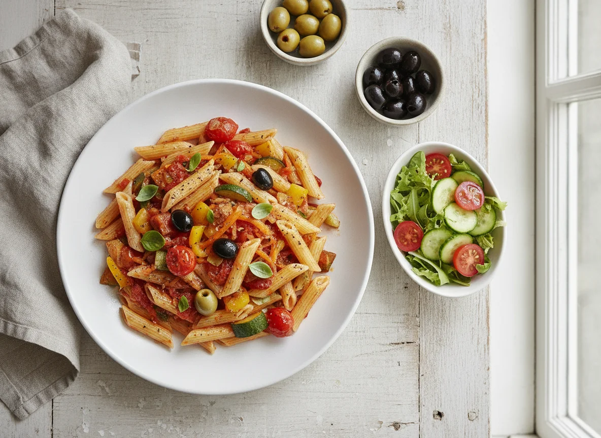 Penne mit Gemüsesauce und Beilagensalat photo
