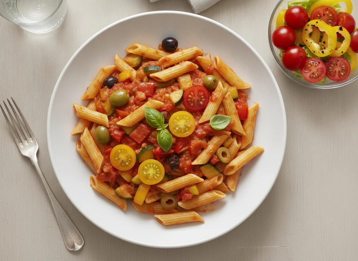 Penne mit Gemüsesauce und Tomatensalat photo