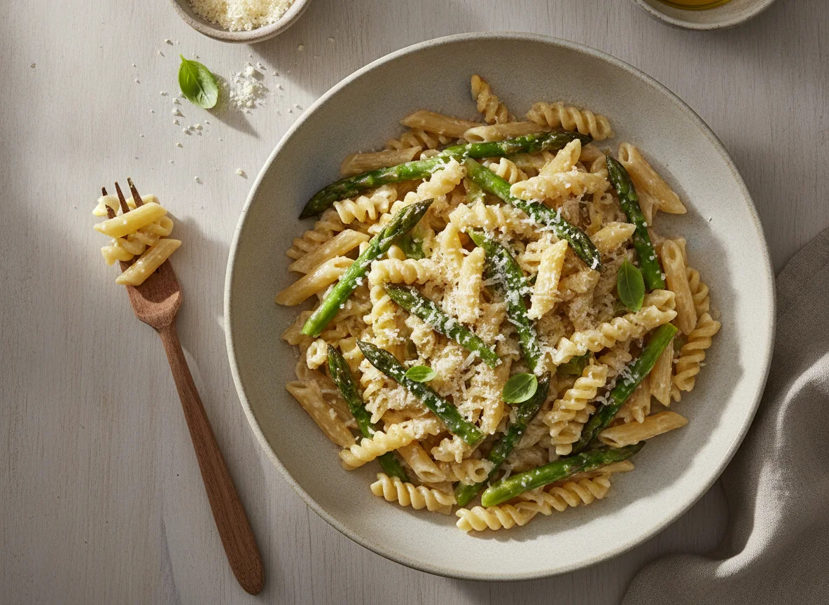 Penne mit grünem Spargel in Sahnesauce photo