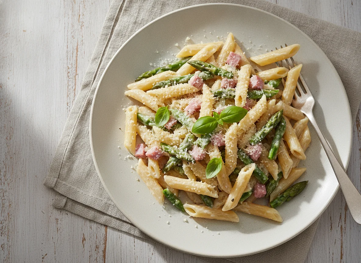 Penne mit grünem Spargel und Schinken in Sahnesauce photo