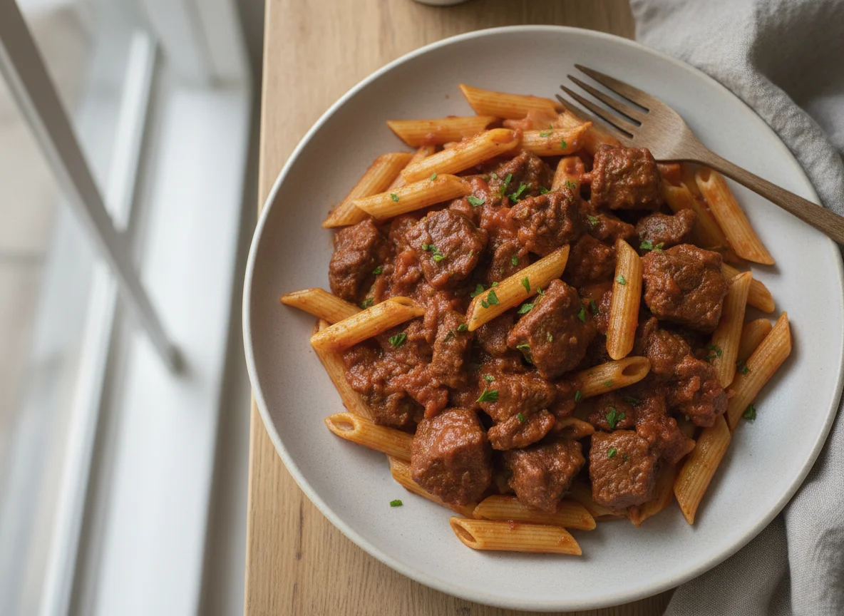 Penne mit Gulasch photo