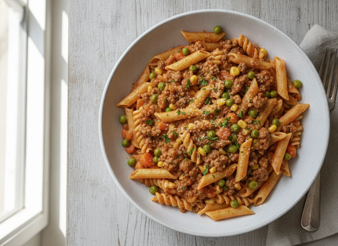 Penne mit Hackfleisch-Gemüse-Sauce photo