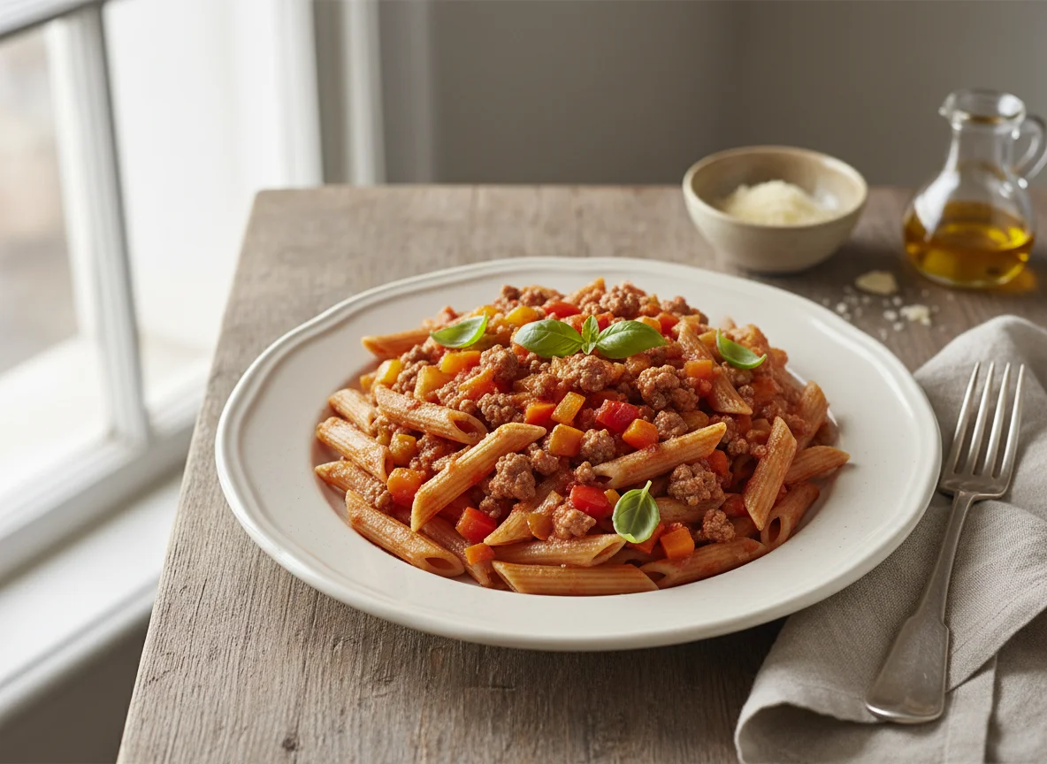 Penne mit Hackfleisch-Gemüse-Soße photo
